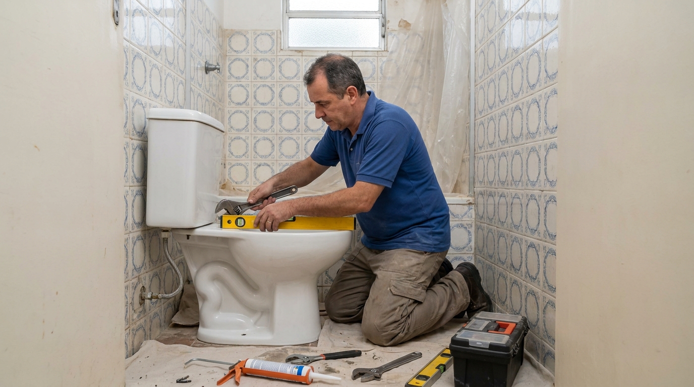 Técnico instalando vaso sanitário em Betim‑MG